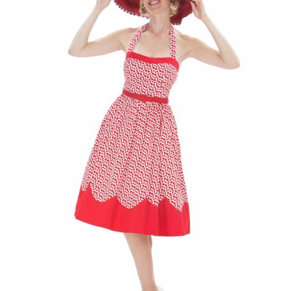 Tatyana Marnie 1950's Red Polka Dot Pinup Fit and Flare Halter Dress